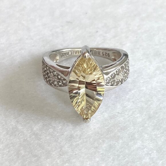 Sterling Silver 925 BBJ Marquise Faceted Yellow CZ & Clear Spinel Accent Ring - Picture 4 of 16